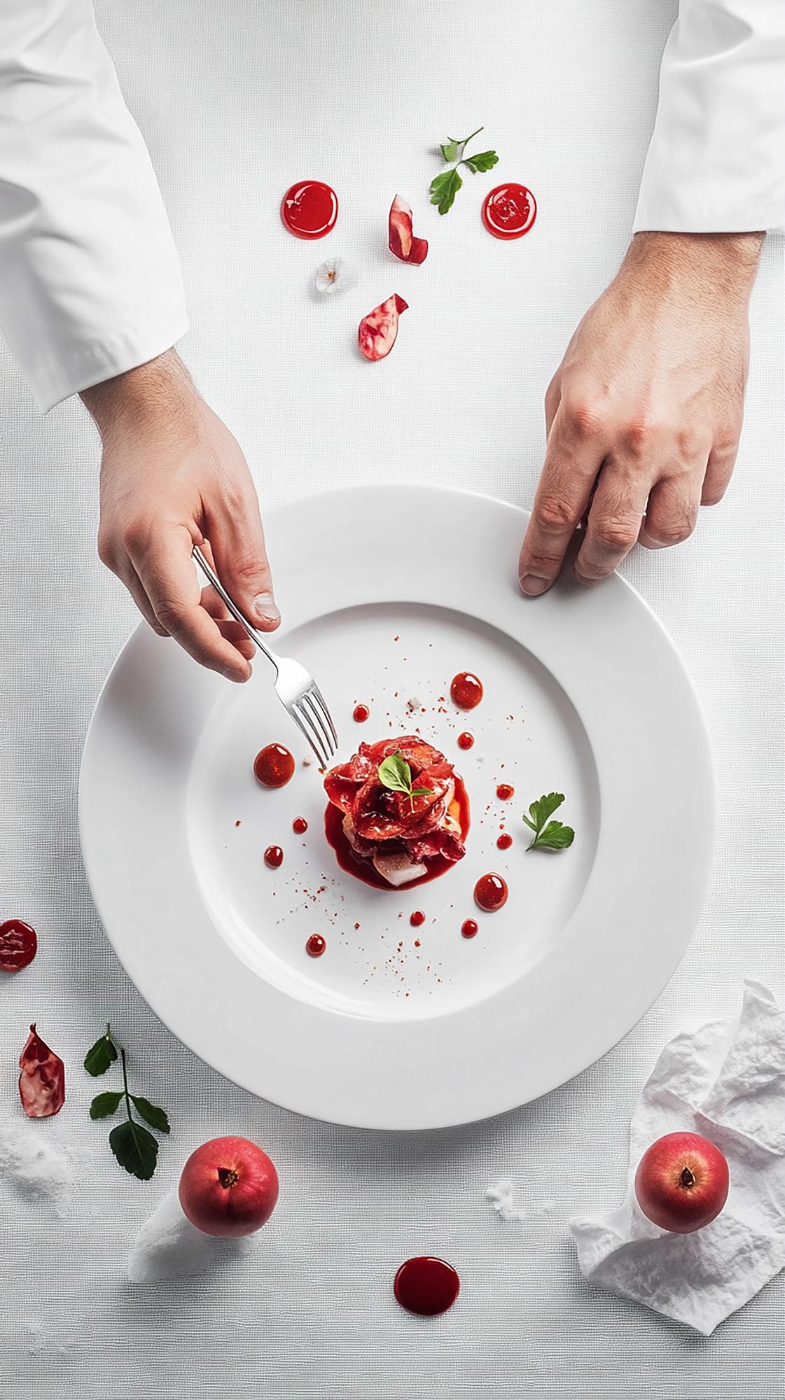 Close-up of hands plating a gourmet dish